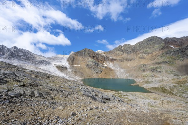 Mountain landscape with limestone cliffs between granite mountains, Hinterer Senner Egetsee