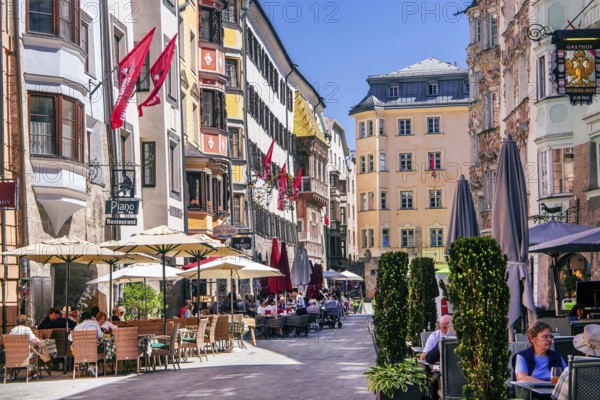 Street cafés on Herzog-Friedrich-Strasse in the old town centre with the Golden Roof, Innsbruck,