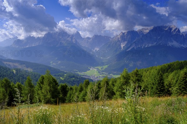 View of the Sesto sundial from the Hahnspielhütte, on the Helm, Sesto, Dolomites, Val Pusteria,