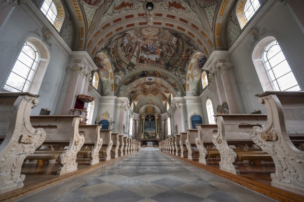 Interior with ceiling frescoes in the domed vault, Heilger Pankratius church, Bahnstraße 1, Telfes