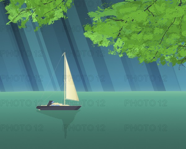 Sailing yacht smooth sailing over calm waters, green trees and sun rays composition, graphic design