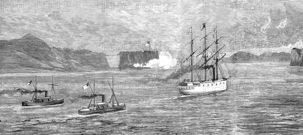 The Golden Gate at San Francisco, HMS Comus leaves the harbour accompanied by General McDowell,