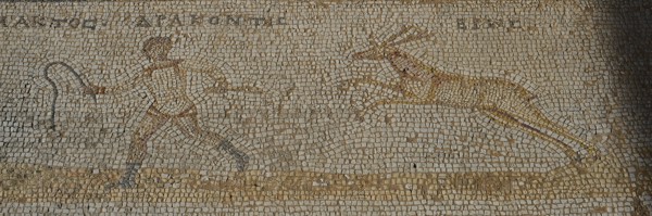 Ancient mosaic with a hunting scene of a man and a gazelle, Archaeological Site, Western