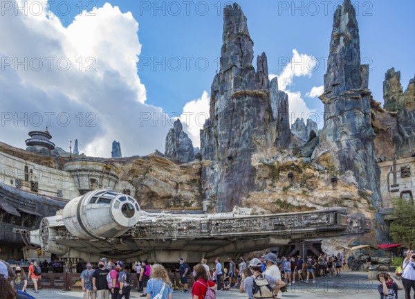 The Millennium Falcon light cargo starship in Star Wars Galaxy's Edge area of Disney's Hollywood