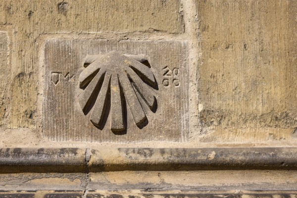 Biblical symbol, scallop shell, pilgrim, relief, Lambertikirche, church, Lambertikirchplatz,
