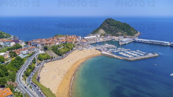 Aerial view of getaria, a charming coastal town in the basque country, spain, showcasing its
