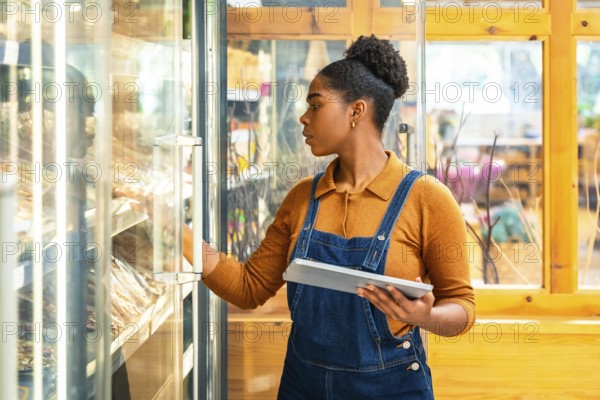 Young saleswoman wearing uniform and holding tablet checking food supplies in refrigerator of a