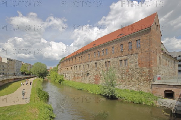 New Residence built in 1531 with bank of the millrace, pedestrian, photograph, Renaissance, Halle