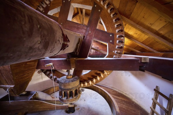 Close-up of wooden cogwheels inside the windmill, Windmill, Antimacheia, Kos, Dodecanese, Greek