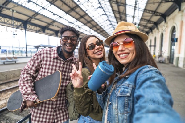 Happy multi ethnic friends taking a selfie at the train station before departure, holding