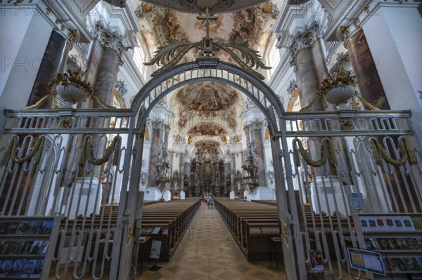 View from the vestibule into the interior of the baroque Basilica of St Alexander and Theodor,