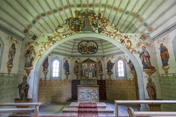 Catholic St Anne's Chapel, interior, Mannerist paintings, oldest wooden chapel in the Alps,