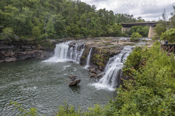 People playing on the rocks above the Little River Falls in Little River Canyon Falls Park near Ft.