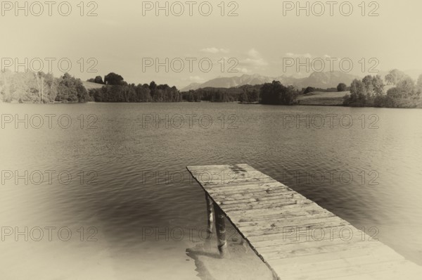 Bathing jetty, jetty, wooden jetty, jetty, leads into a lake, bathing lake, Schwaltenweiher near