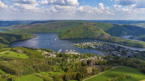 Aerial view of the Rursee in the Eifel region, Germany with Woffelsbach, a district of the city