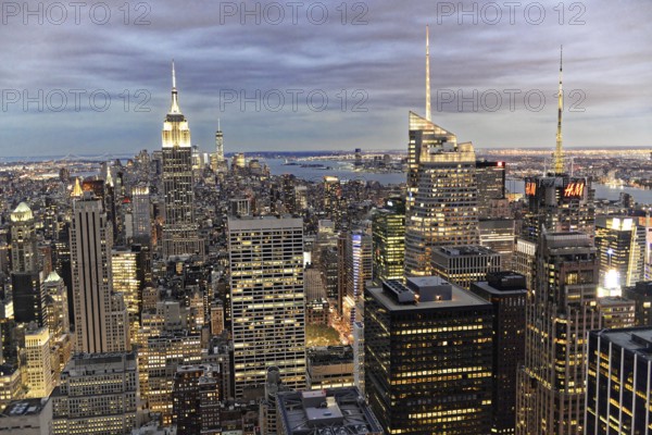 Rockefeller Center observation deck, panoramic view of the dense New York City skyline, skyscrapers