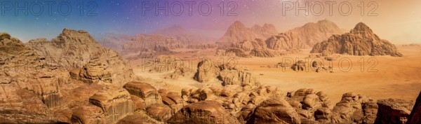Desert and rocks on extraterrestrial or alien planet in the universe with view on space and galaxy.