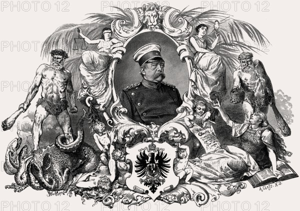 Allegory with Prince of Bismarck, first Chancellor of the German Empire, founding of the German