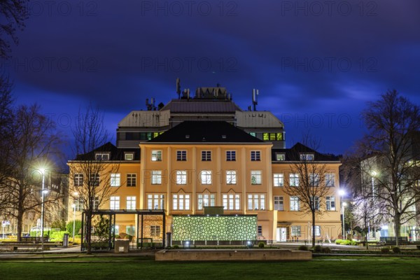 Academy building of the Montanuniversität Leoben, Gärner Park, blue hour, Leoben, Styria, Austria,