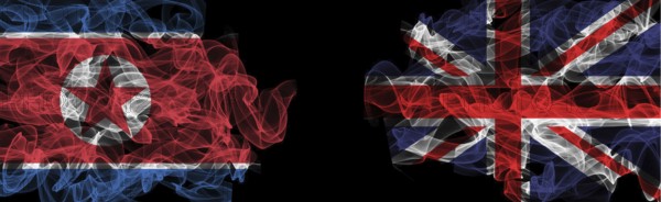 Flags of North Korea and United Kingdom on Black background, North Korea vs United Kingdom Smoke