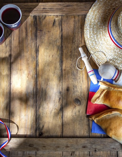 Food, Food, Chilean independence day concept. fiestas patrias. Tipical baked empanadas, wine or