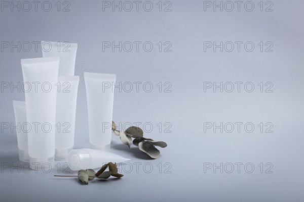 White empty plastic cosmetic tubes staying at gray background with eucalyptus branches, concept of