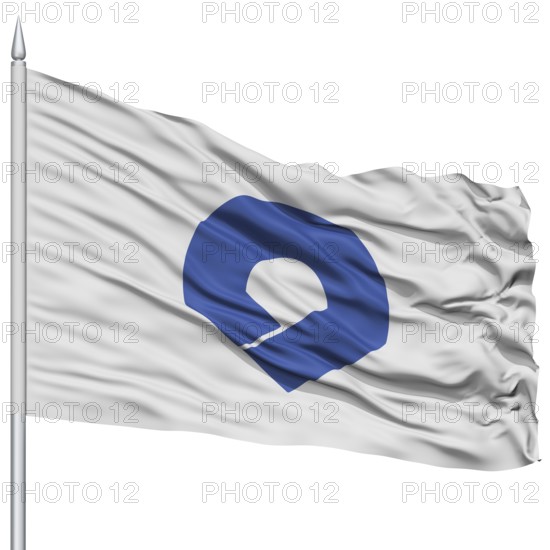 Isolated Wakayama Japan Prefecture Flag on Flagpole, Flying in the Wind, Isolated on White