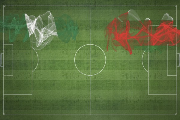 Nigeria vs Oman Soccer Match, national colors, national flags, soccer field, football game,