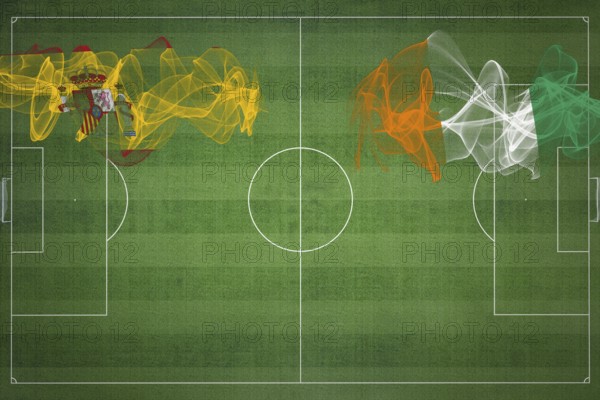 Spain vs Ivory Coast Soccer Match, national colors, national flags, soccer field, football game,