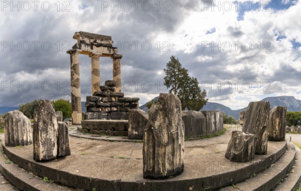 Delphi, Greece, 7 November, 2022: view of the Tholos of Delphi in the Sanctuary of Athena Pronaia