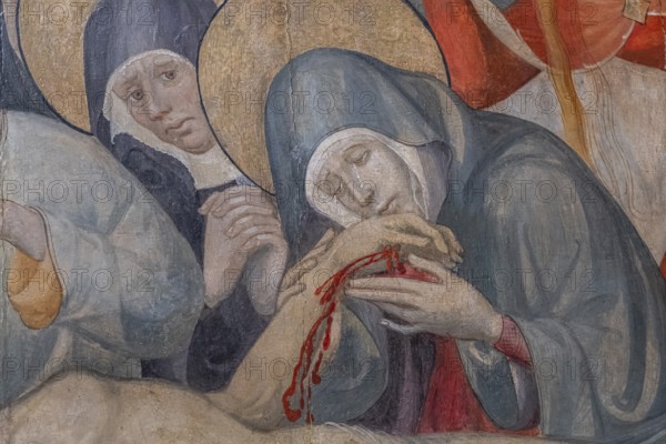 Virgin Mary holding the hand of Jesus, lament over the dead Jesus, Lluc Borrassa, 1430-1434,