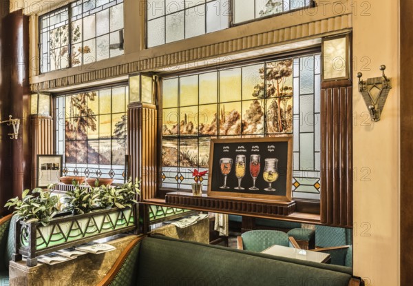 Brussels, Belgium, 01 18 2019: Art deco interior design of the tavern L'Espérance with stained