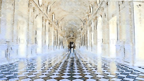 Creative illustration of Reggia di Venaria Reale gallery, Italy. Luxury marbles in baroque Royal