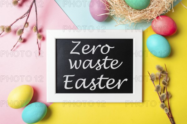 Zero waste Easter concept. Colorful eggs and pussy willow branches on bright colorful background