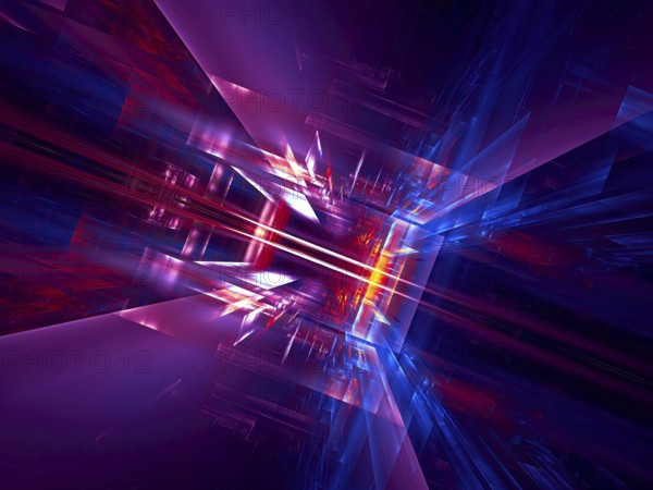 Abstract blue and purple computer-generated 3d illustration. Neon glowing walls of hall or portal.