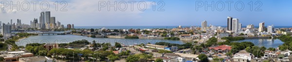 Panorama of old and new city Cartagena with sea on a sunny day from Castle San Felipe de Barajas,