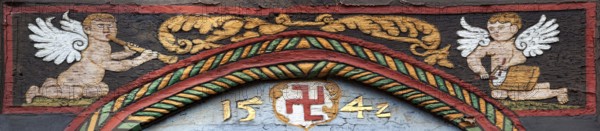 Coat of arms, Family Raven, 1542, Ornate Fachwerk-style, Decorations on a half-timbered house,
