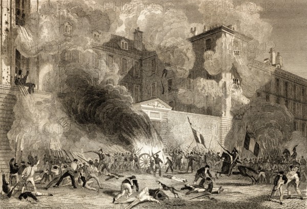 Attack to caserne Babylone of the Swiss Guards, rue de Babylone, Paris, antique steel engraved