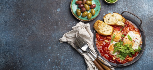 Middle Eastern and Maghrebi healthy dish Shakshouka made of eggs and tomato sauce served in pan
