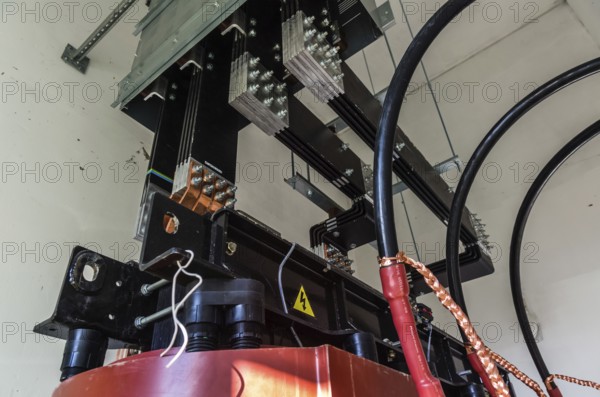 Closeup view on transformer on the site