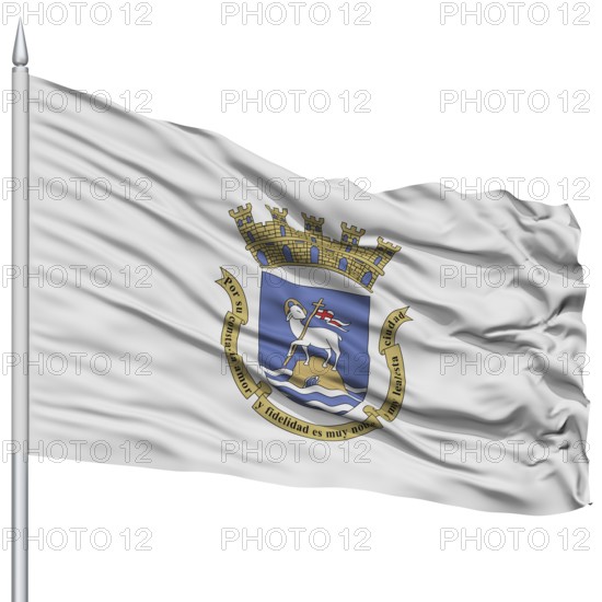 San Juan Flag on Flagpole, Capital of Puerto Rico State, Flying in the Wind, Isolated on White