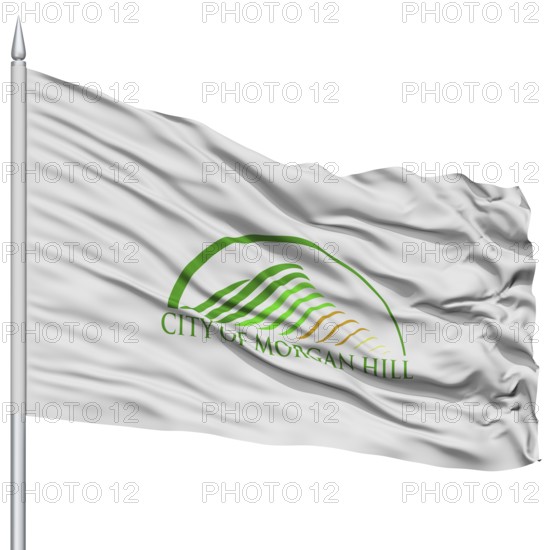 Morgan Hill City Flag on Flagpole, California State, Flying in the Wind, Isolated on White