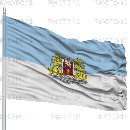 Riga City Flag on Flagpole, Capital City of Latvia, Flying in the Wind, Isolated on White