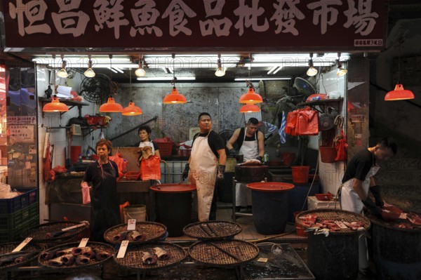 11.10.2014, Hong Kong, People's Republic of China, Asia, Fish vendors wait for customers at a