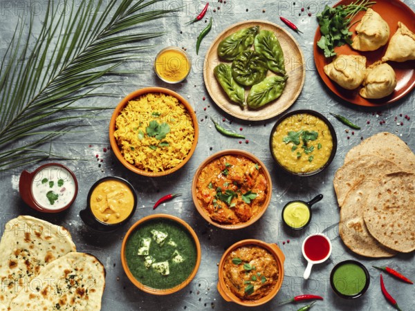 Indian cuisine dishes: tikka masala, dal, paneer, samosa, chapati, chutney, spices. Indian food on