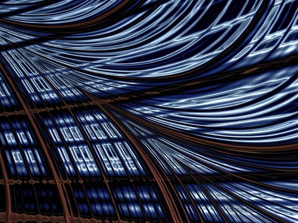 Fractal dark background: grid with curled cells and waves. Computer-generated image. Technology or