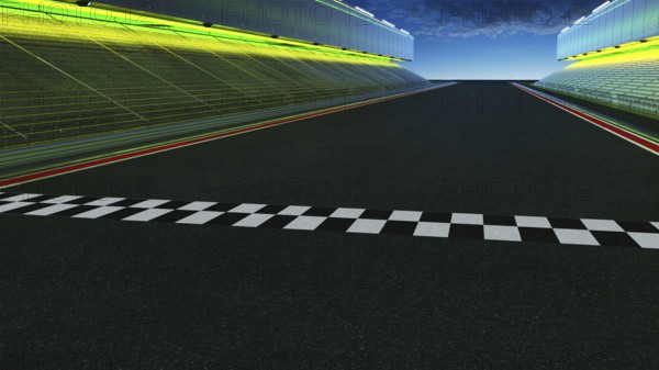 View of the infinity empty asphalt international race track with start and finish line, evening