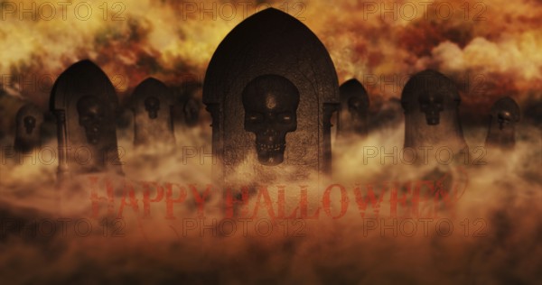 Cemetery At Night With Tombstones With Skulls And Burning Sky Full Of Clouds and Stars in The