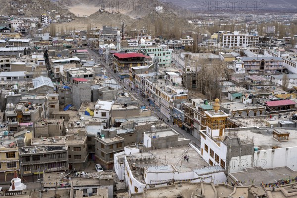 Leh, India, April 03, 2023: High angle view of the main shopping street at Main Bazaar in the city