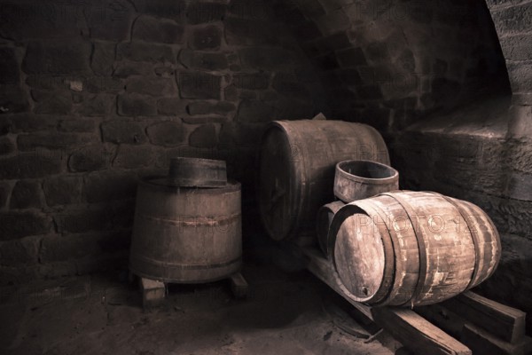 Vintage image with the interior of a stone wine cellar and aged wooden barrels, in low light.